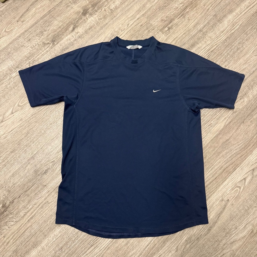 Nike Mens XL Navy Blue Short Sleeve‎ Athletic Training Shirt Swoosh Logo